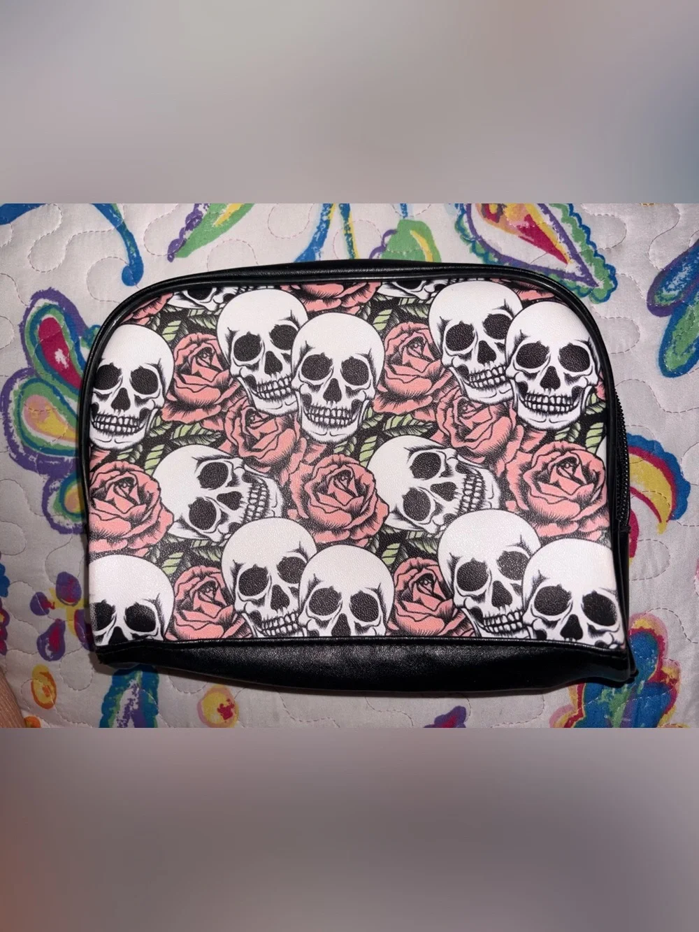 Skull & Rose Makeup Pouch - Pink and Black